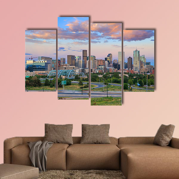 Panorama of Denver skyline long exposure at twilight multi panel canvas wall art