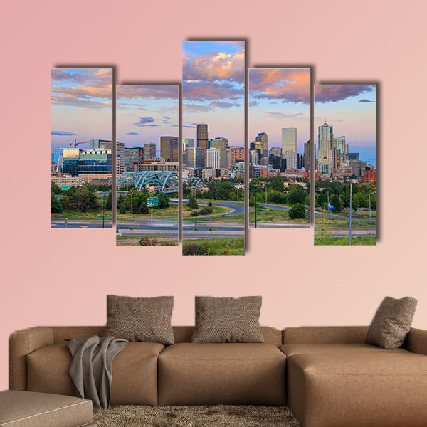 Panorama of Denver skyline long exposure at twilight multi panel canvas wall art