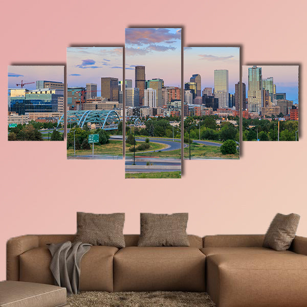 Panorama of Denver skyline long exposure at twilight multi panel canvas wall art