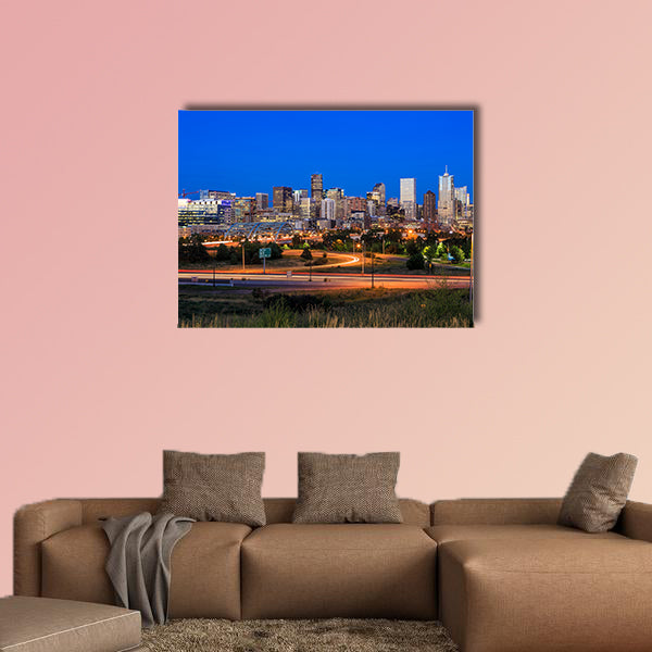 Panorama of Denver skyline long exposure at twilight multi panel canvas wall art