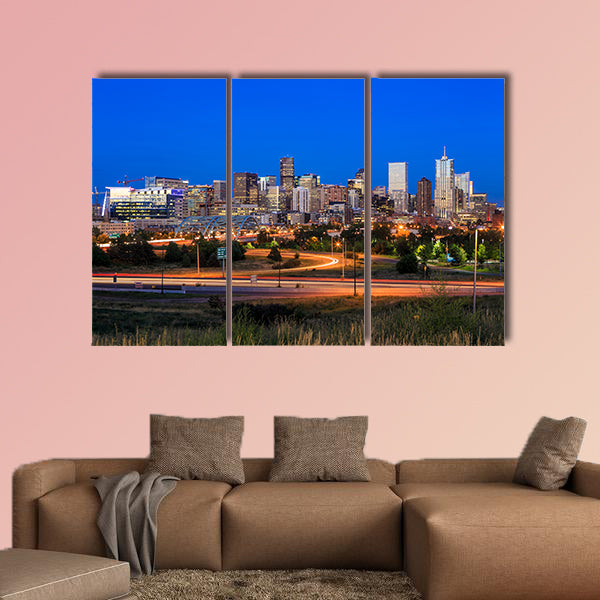 Panorama of Denver skyline long exposure at twilight multi panel canvas wall art