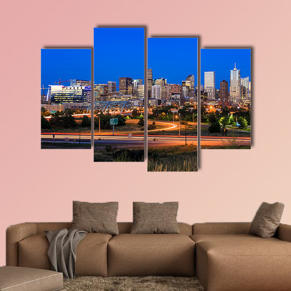 Panorama of Denver skyline long exposure at twilight multi panel canvas wall art