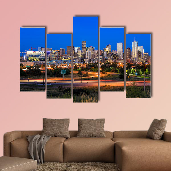 Panorama of Denver skyline long exposure at twilight multi panel canvas wall art