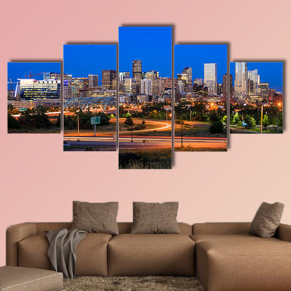 Panorama of Denver skyline long exposure at twilight multi panel canvas wall art