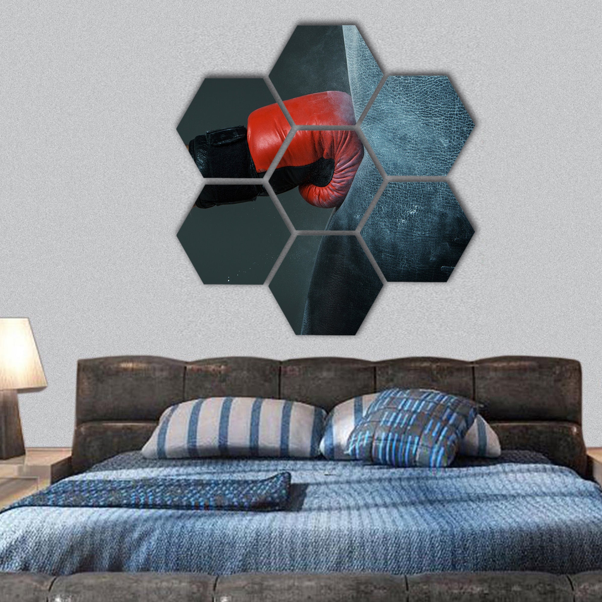 Hand of boxer and punching bag hexagonal canvas wall art