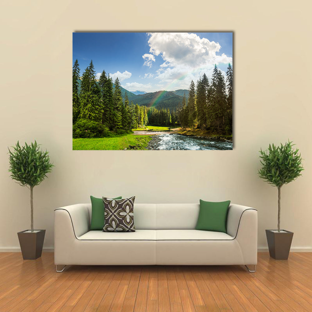 collage landscape with pine trees in mountains and a river in front flowing to lake in sunset light with rainbow multi panel canvas wall art