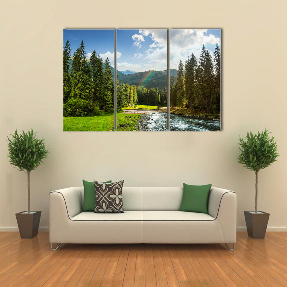 collage landscape with pine trees in mountains and a river in front flowing to lake in sunset light with rainbow multi panel canvas wall art