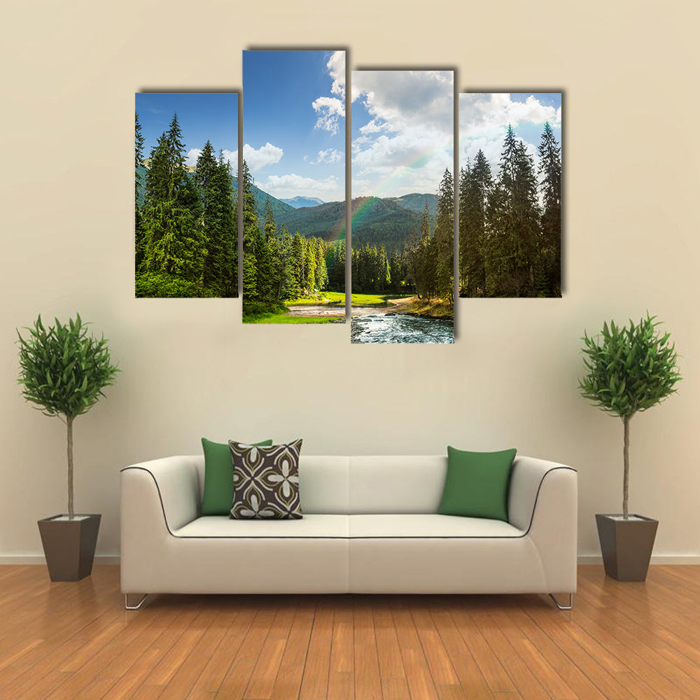 collage landscape with pine trees in mountains and a river in front flowing to lake in sunset light with rainbow multi panel canvas wall art