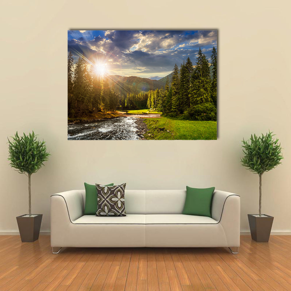 collage landscape with pine trees in mountains and a river in front flowing to lake in sunset light multi panel canvas wall art
