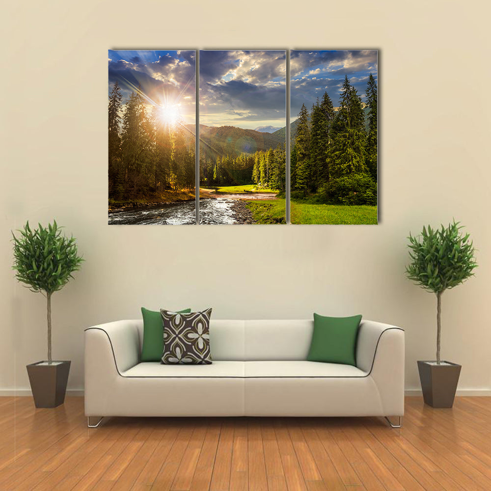 collage landscape with pine trees in mountains and a river in front flowing to lake in sunset light multi panel canvas wall art