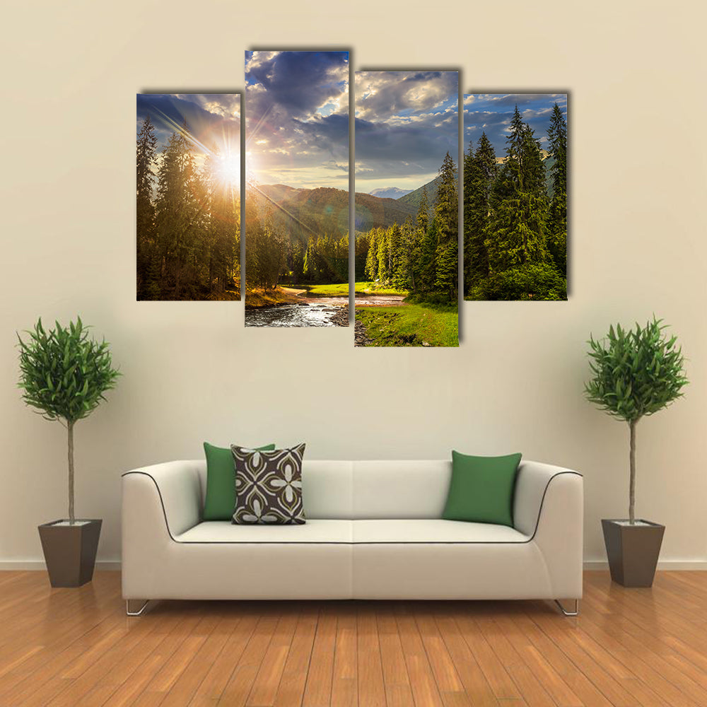 collage landscape with pine trees in mountains and a river in front flowing to lake in sunset light multi panel canvas wall art