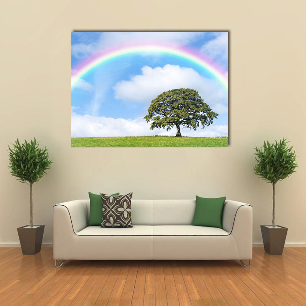 Blue Sky, Clouds, And Rainbow On The Back Side Of An Oak Tree In A Rainy  Weather, Multi Panel Canvas Wall Art