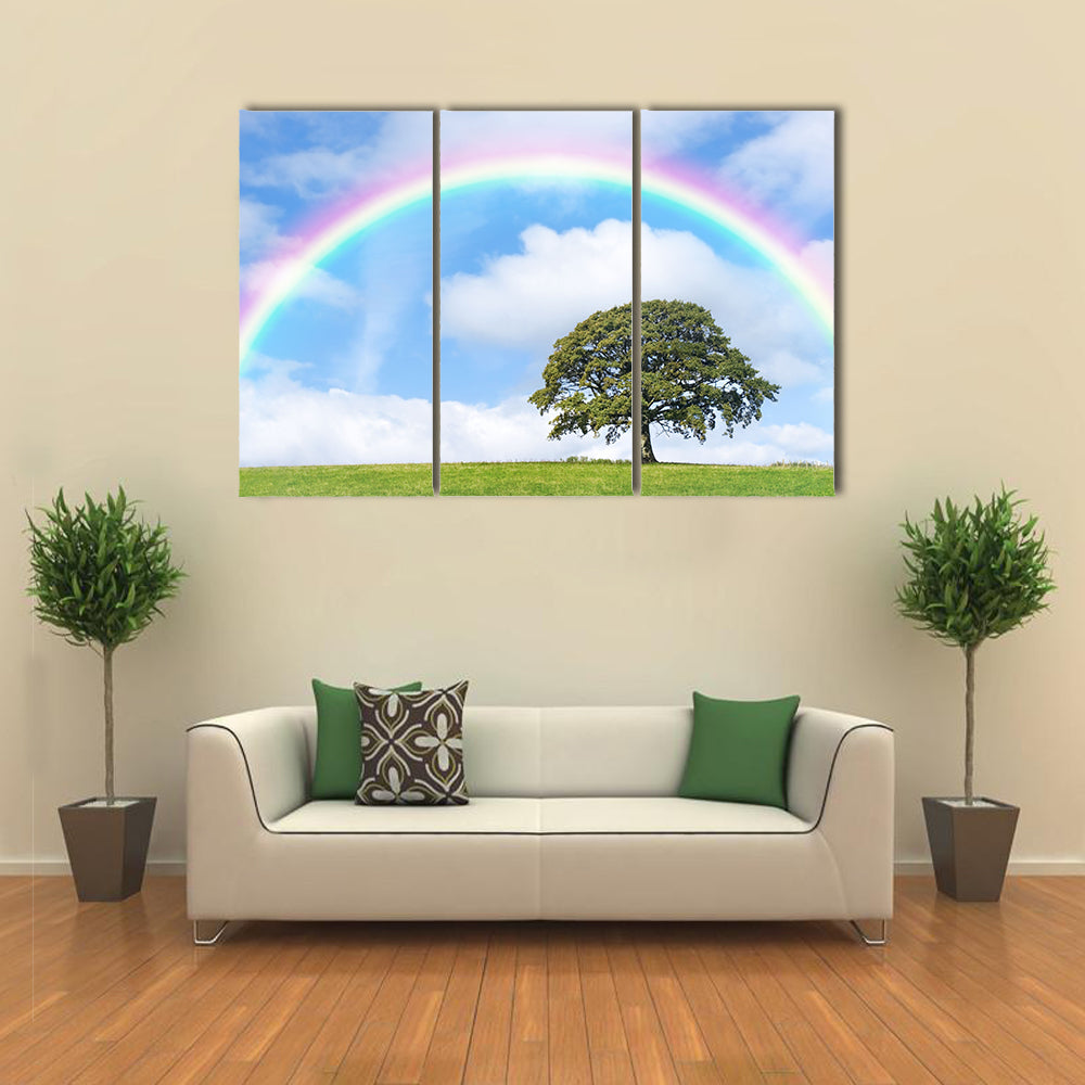 Blue Sky, Clouds, And Rainbow On The Back Side Of An Oak Tree In A Rainy  Weather, Multi Panel Canvas Wall Art