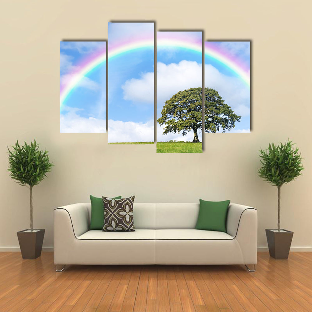 Blue Sky, Clouds, And Rainbow On The Back Side Of An Oak Tree In A Rainy  Weather, Multi Panel Canvas Wall Art