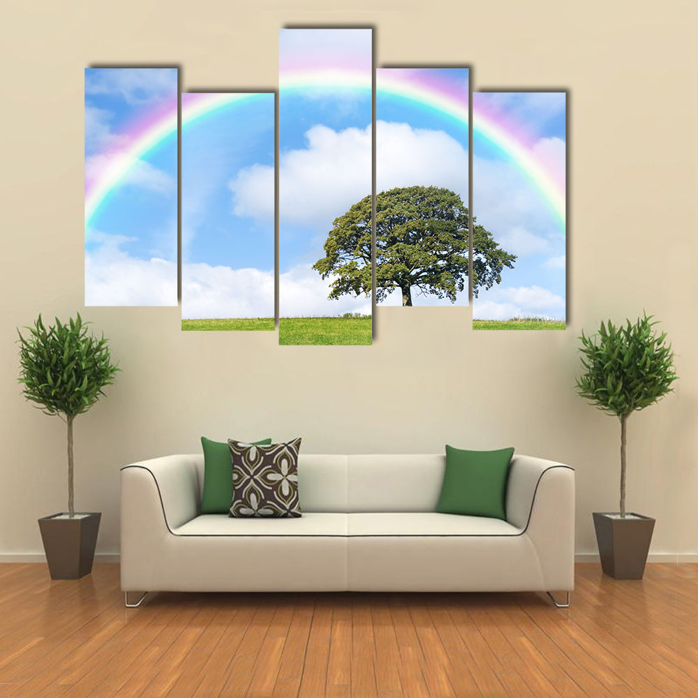 Blue Sky, Clouds, And Rainbow On The Back Side Of An Oak Tree In A Rainy  Weather, Multi Panel Canvas Wall Art