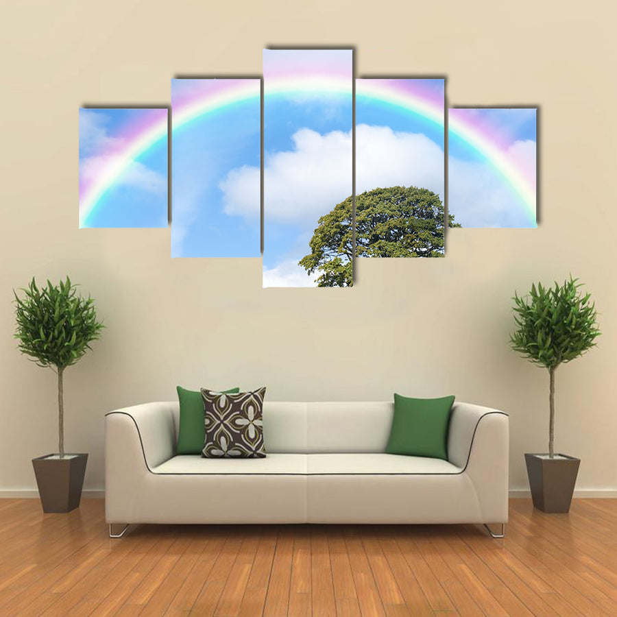 Blue Sky, Clouds, And Rainbow On The Back Side Of An Oak Tree In A Rainy  Weather, Multi Panel Canvas Wall Art