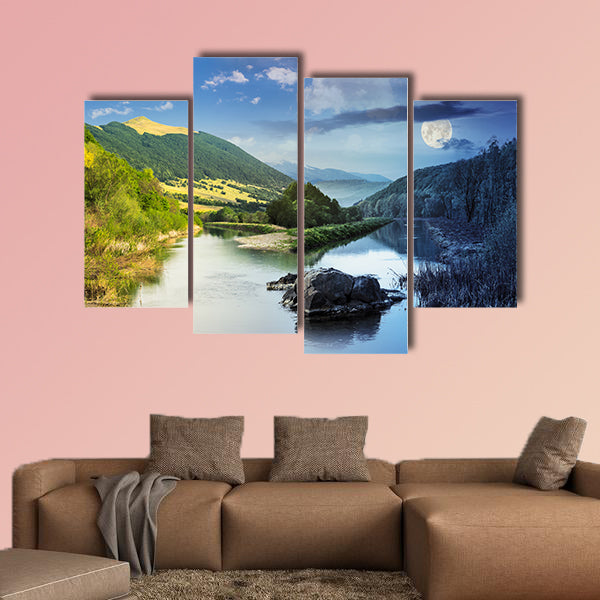 Day and night collage Mountain River with stones and grass multi panel canvas wall art