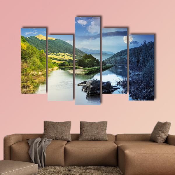 Day and night collage Mountain River with stones and grass multi panel canvas wall art