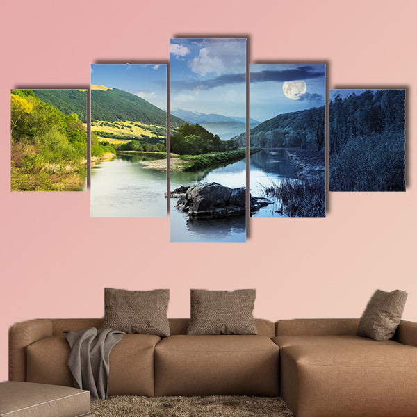 Day and night collage Mountain River with stones and grass multi panel canvas wall art