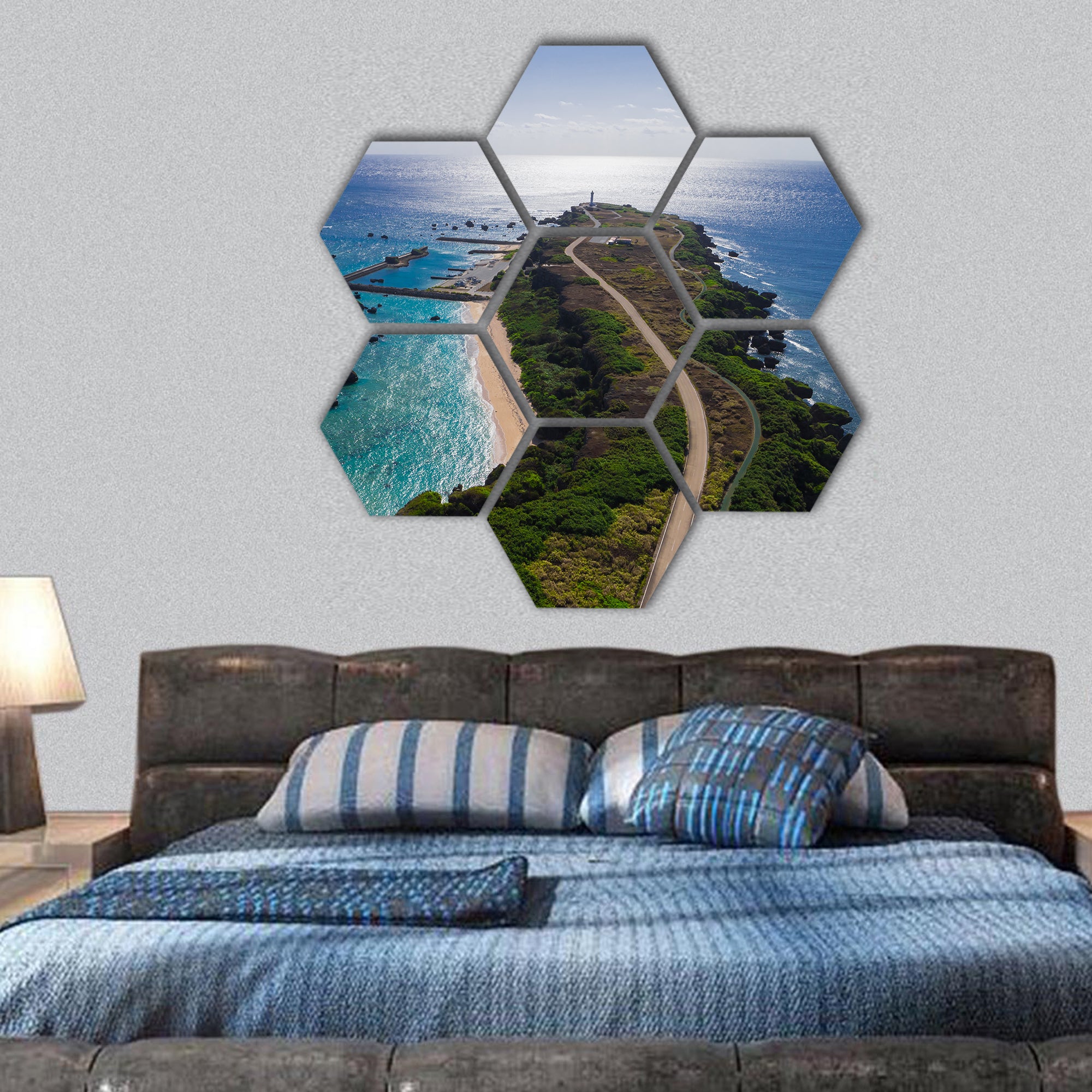 Resort island Okinawa Miyako Aerial hexagonal canvas wall art