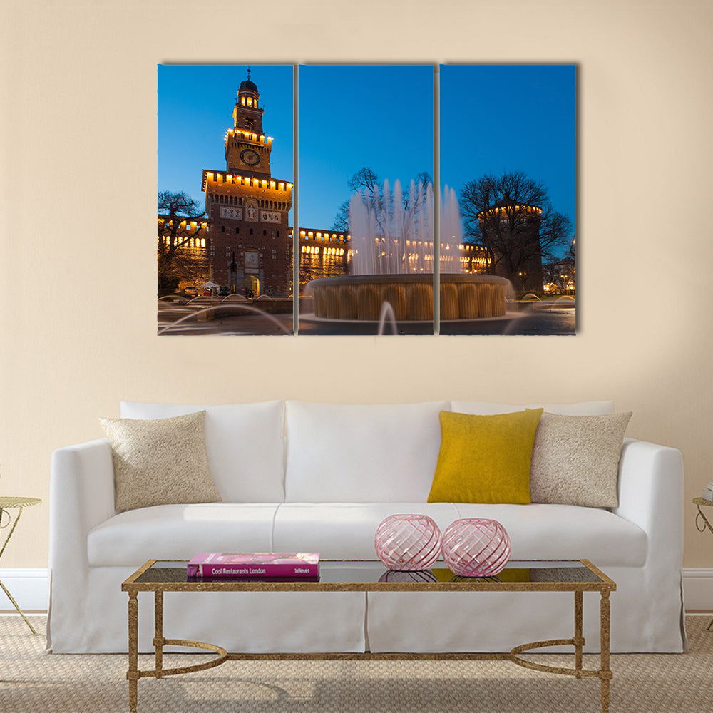 Beautiful Sforzesco Castle by night in Milan, Italy multi panel canvas wall art