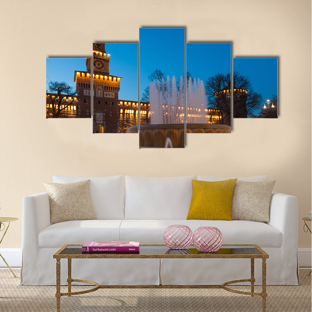Beautiful Sforzesco Castle by night in Milan, Italy multi panel canvas wall art