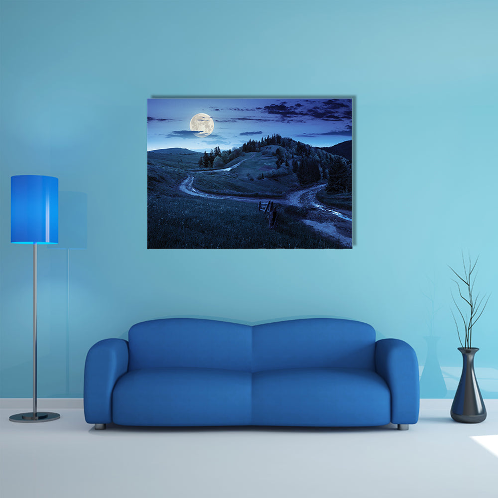 Composite Autumn Landscape With A Fence Near The Cross Road On Hillside Meadow In Mountains Multi Panel Canvas Wall Art