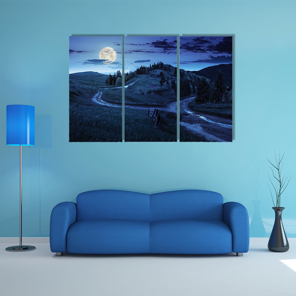 Composite Autumn Landscape With A Fence Near The Cross Road On Hillside Meadow In Mountains Multi Panel Canvas Wall Art