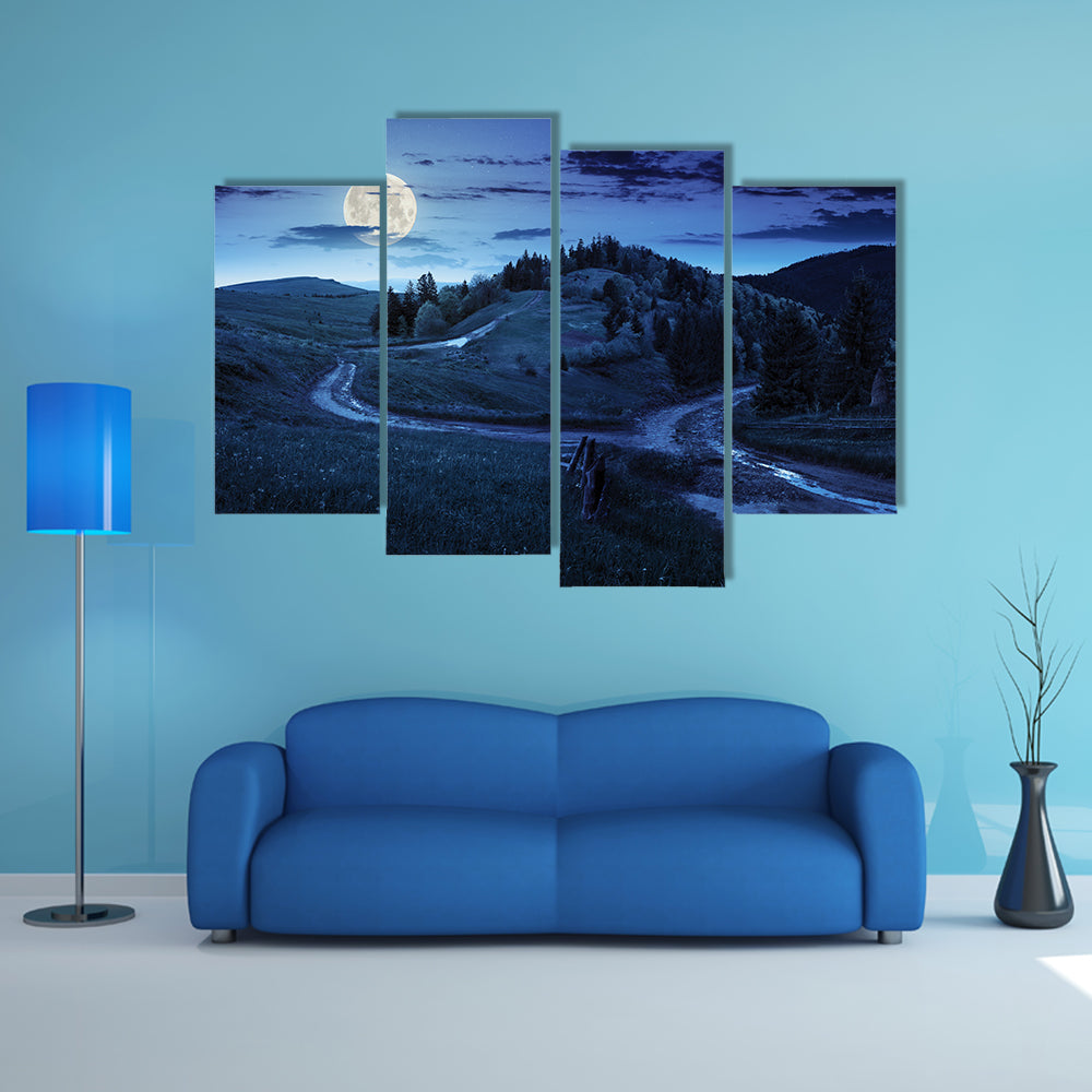 Composite Autumn Landscape With A Fence Near The Cross Road On Hillside Meadow In Mountains Multi Panel Canvas Wall Art