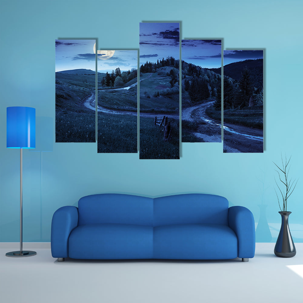 Composite Autumn Landscape With A Fence Near The Cross Road On Hillside Meadow In Mountains Multi Panel Canvas Wall Art