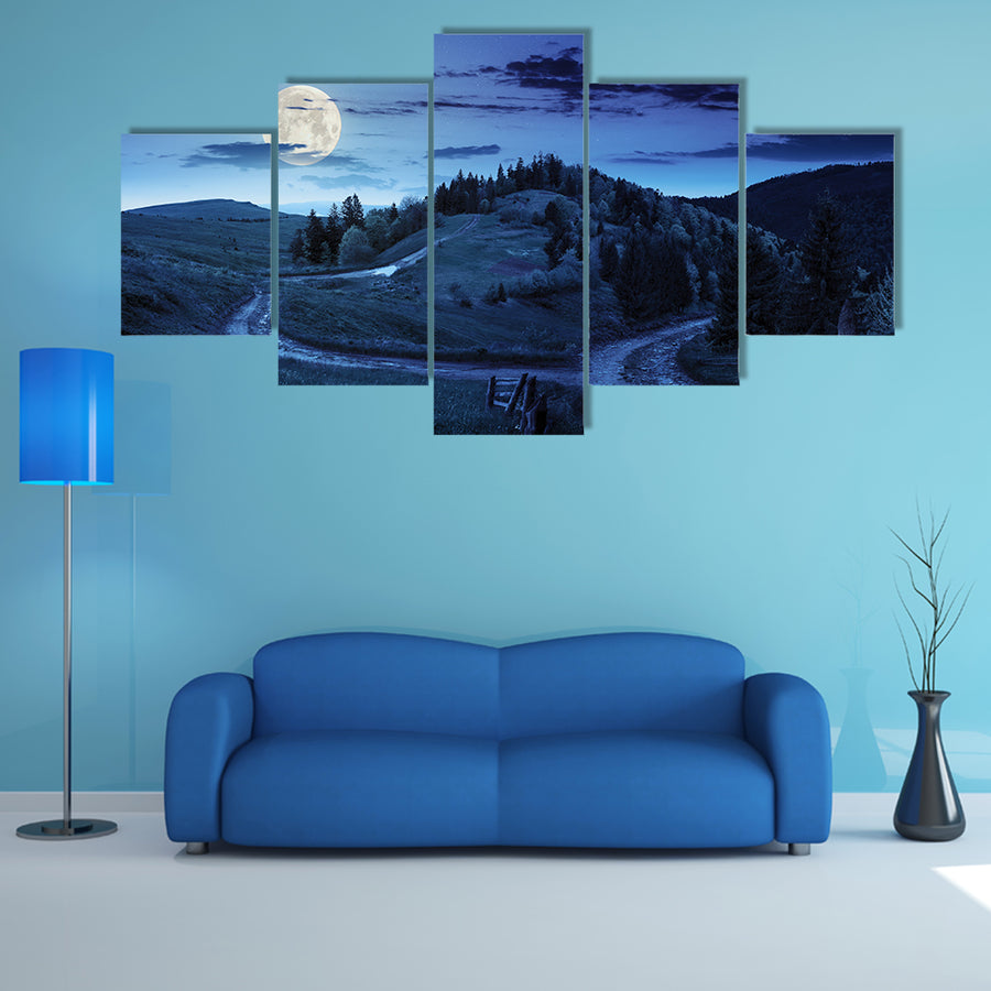 Composite Autumn Landscape With A Fence Near The Cross Road On Hillside Meadow In Mountains Multi Panel Canvas Wall Art