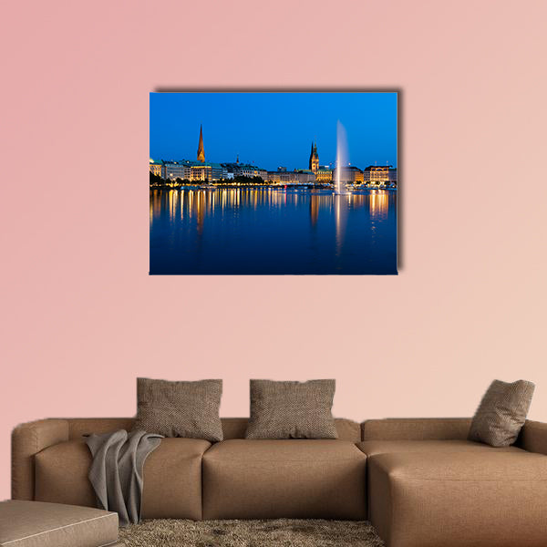 The famous Binnenalster Lake with its fountain in Hamburg, Germany at night multi panel canvas wall art