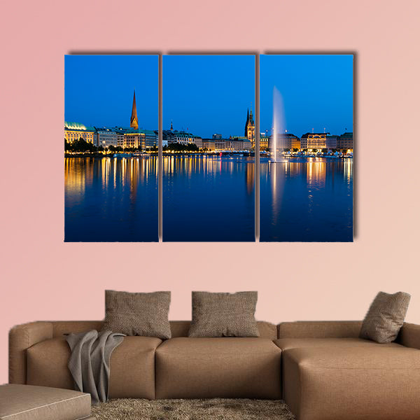 The famous Binnenalster Lake with its fountain in Hamburg, Germany at night multi panel canvas wall art
