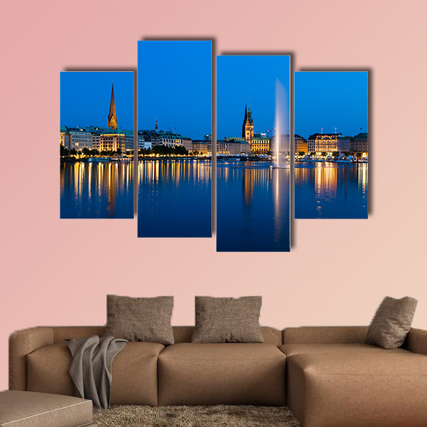 The famous Binnenalster Lake with its fountain in Hamburg, Germany at night multi panel canvas wall art