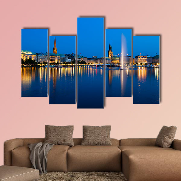 The famous Binnenalster Lake with its fountain in Hamburg, Germany at night multi panel canvas wall art