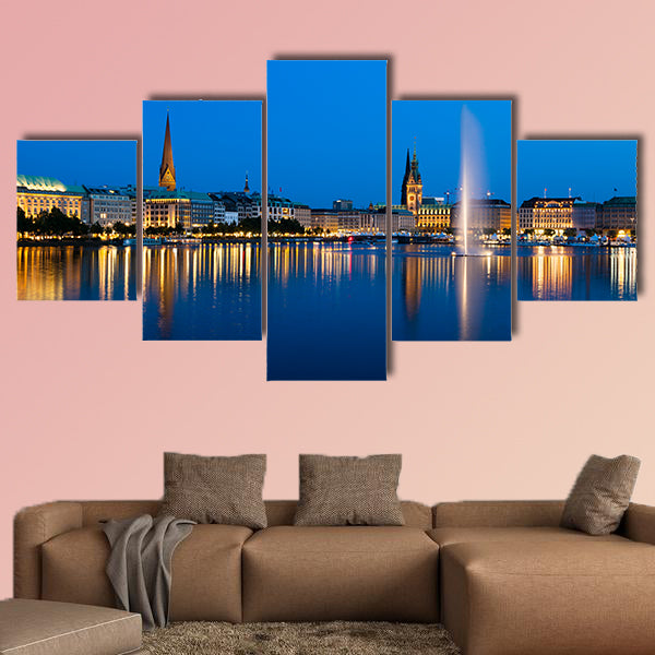 The famous Binnenalster Lake with its fountain in Hamburg, Germany at night multi panel canvas wall art