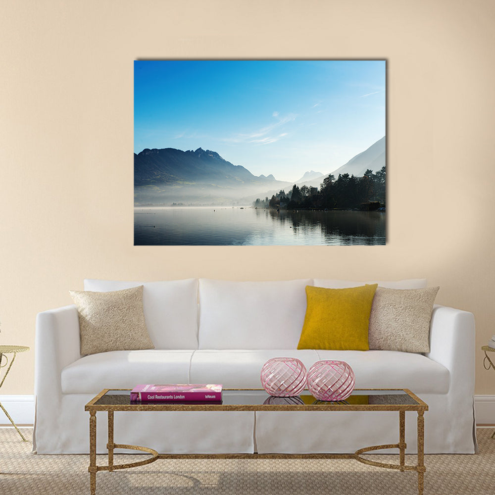 Lake Annecy in France in autumn at sunset multi panel canvas wall art