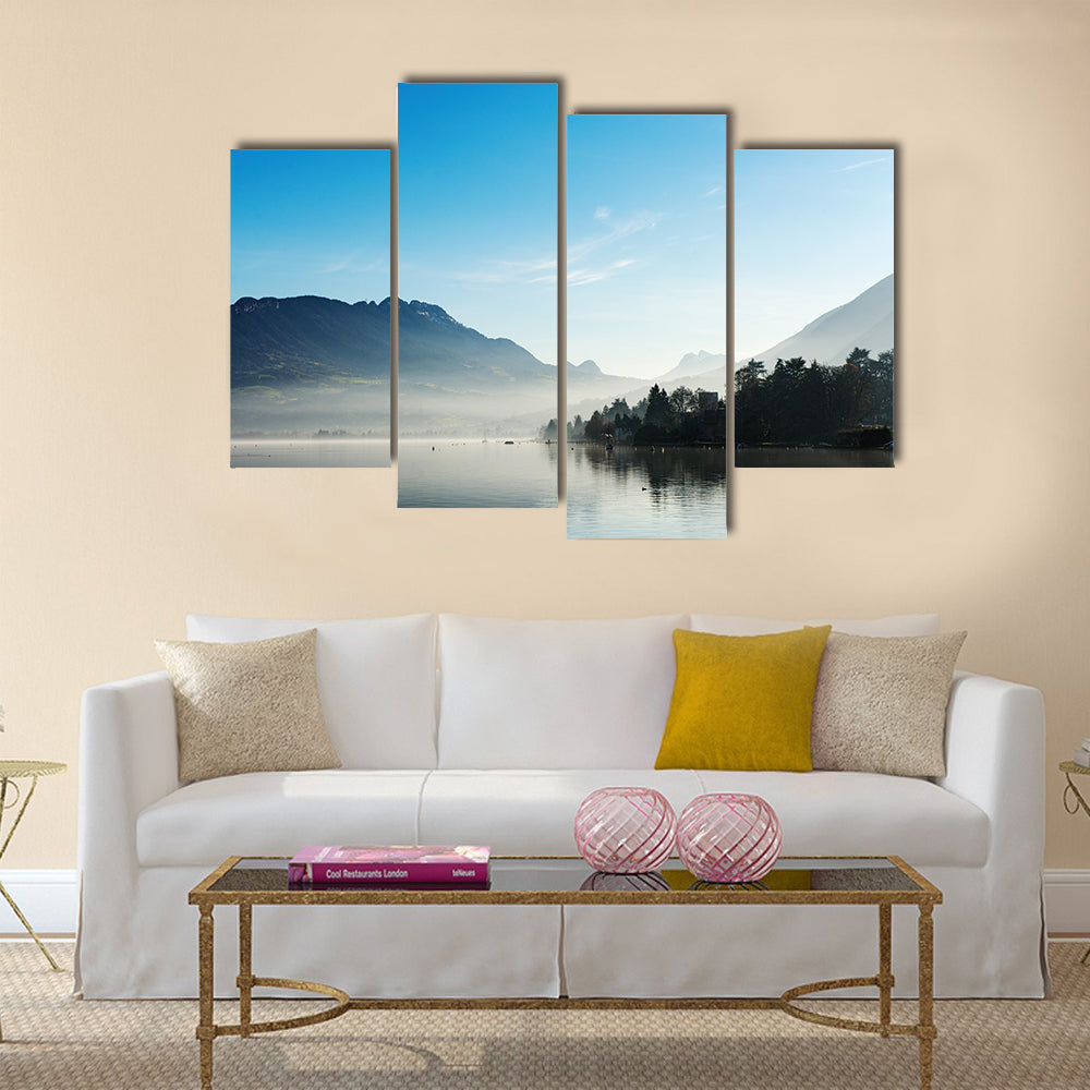 Lake Annecy in France in autumn at sunset multi panel canvas wall art