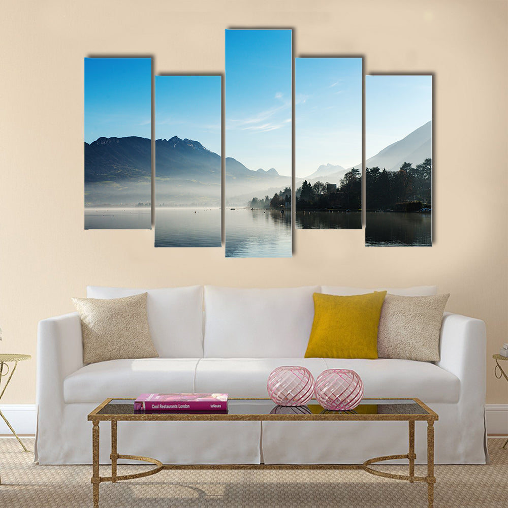Lake Annecy in France in autumn at sunset multi panel canvas wall art