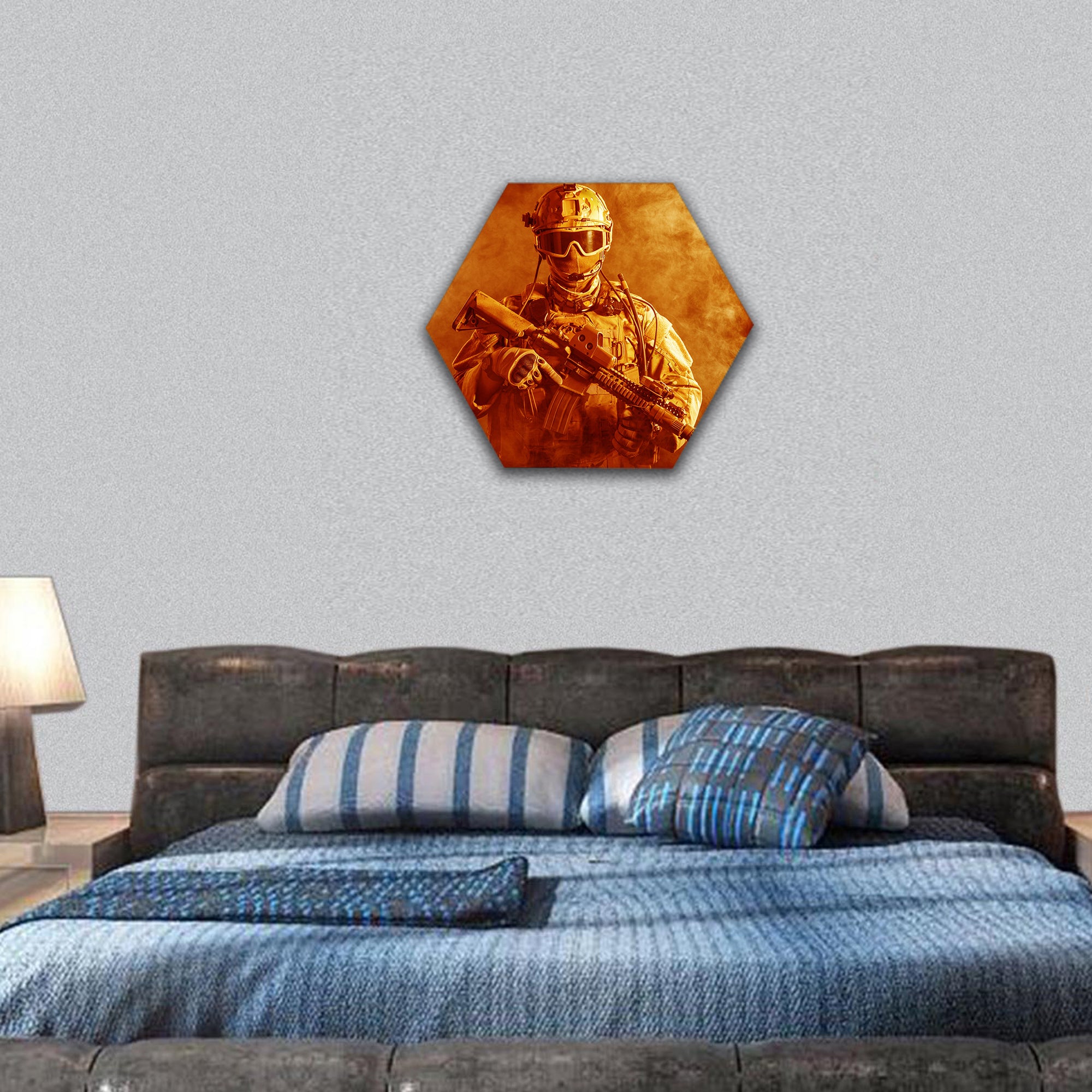 Special forces soldier with rifle in the fire hexagonal canvas wall art
