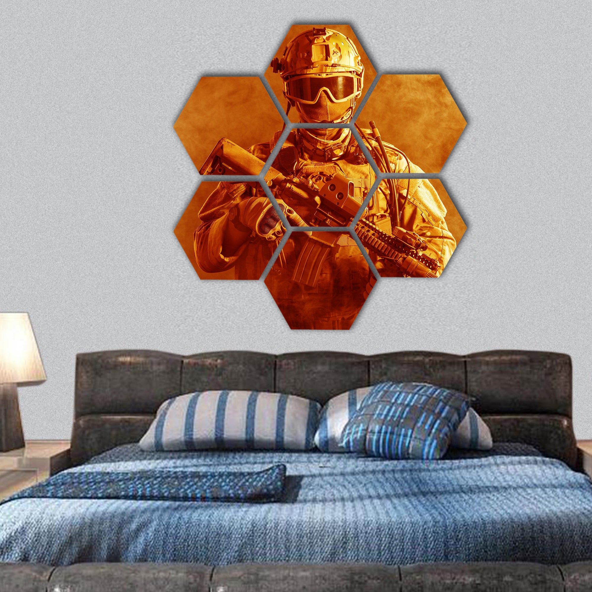 Special forces soldier with rifle in the fire hexagonal canvas wall art