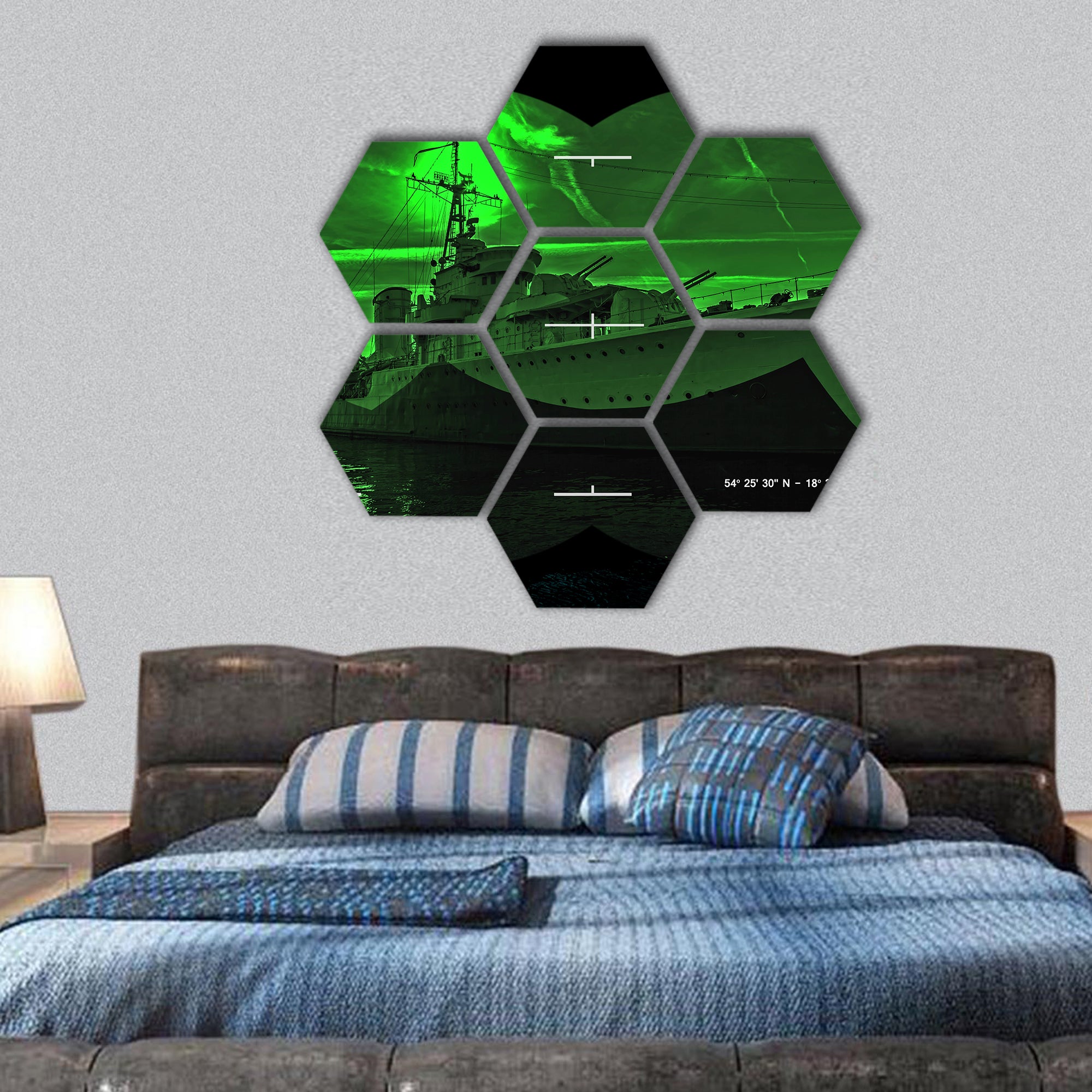 Night vision watching at a warship hexagonal canvas wall art
