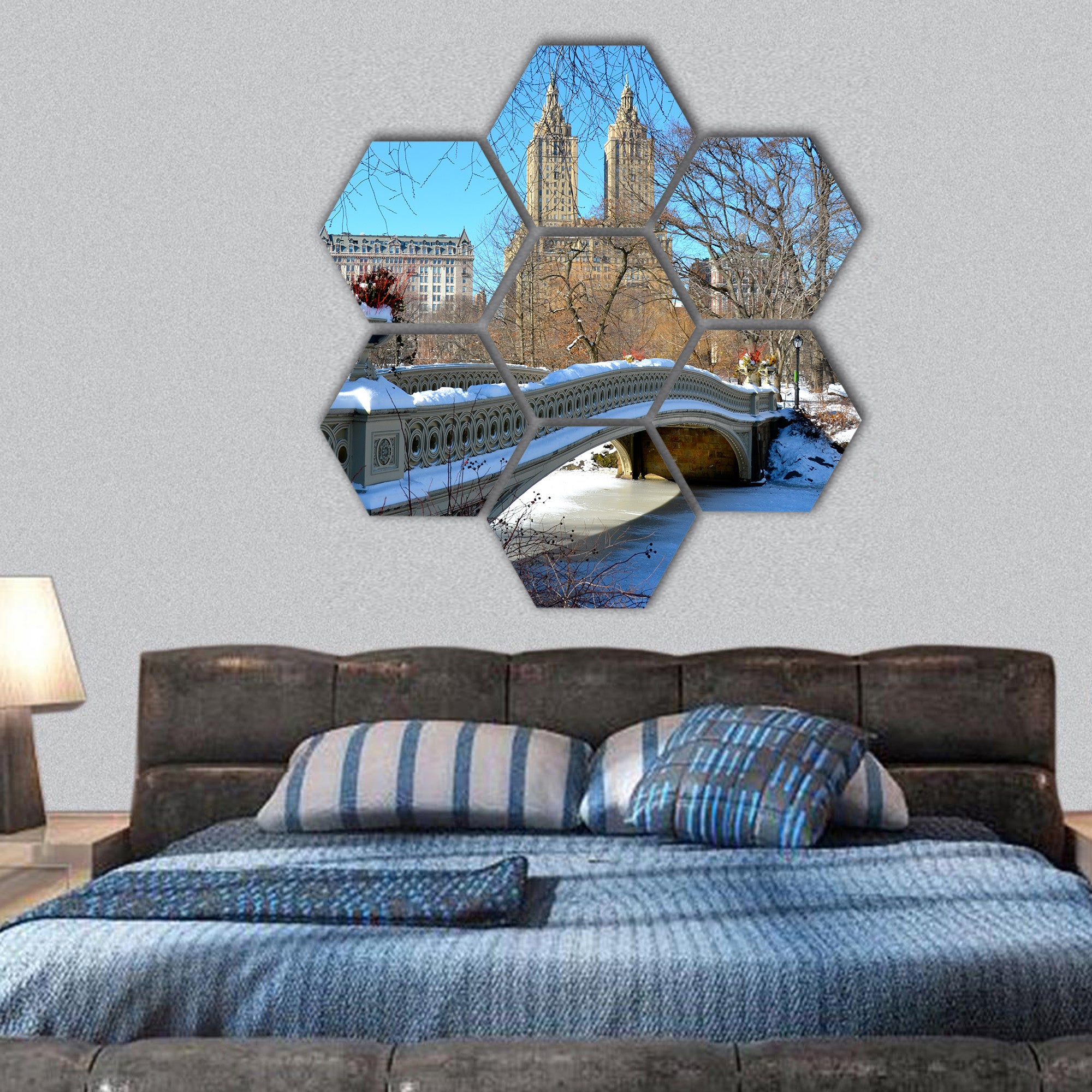 Bow bridge in the winter, Central Park, Manhattan hexagonal canvas wall art