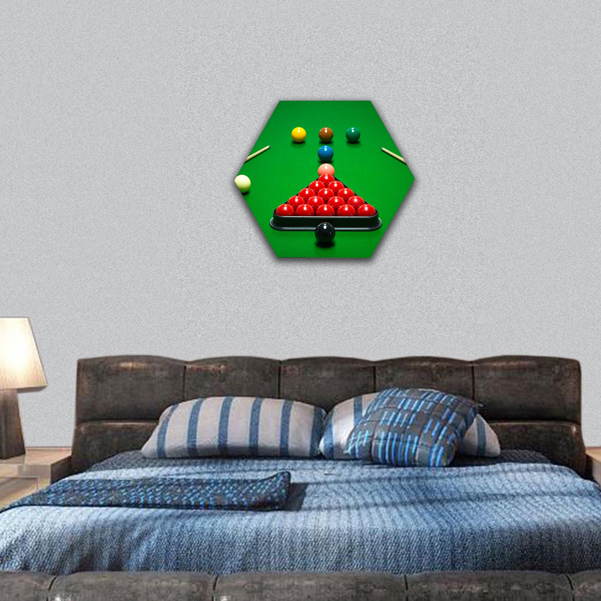 Snooker balls set on a green table hexagonal canvas wall art