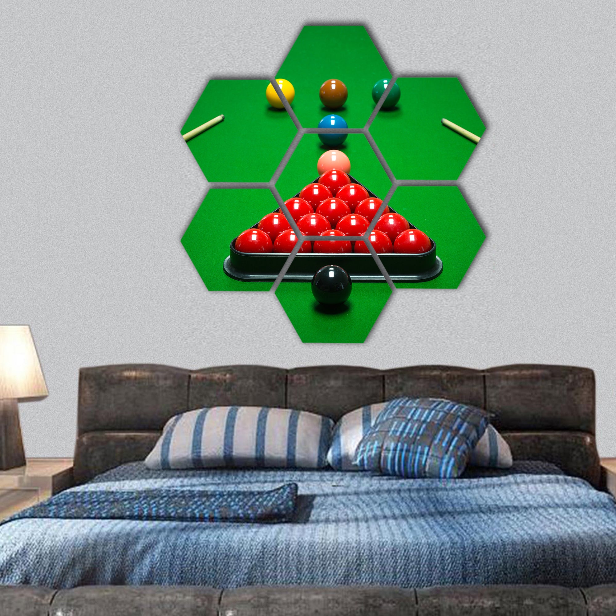 Snooker balls set on a green table hexagonal canvas wall art