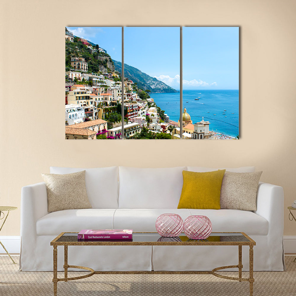 View of Positano town on the Amalfi coast, Italy, Multi Panel Canvas Wall Art