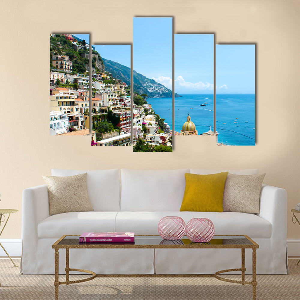 View of Positano town on the Amalfi coast, Italy, Multi Panel Canvas Wall Art