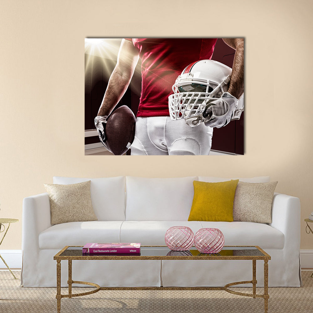 Football Player with a red uniform on a Locker room Multi panel canvas wall art