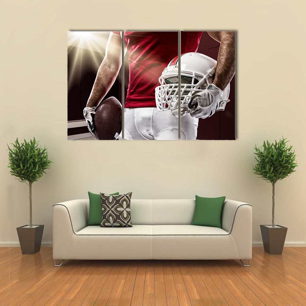 Football Player with a red uniform on a Locker room Multi panel canvas wall art