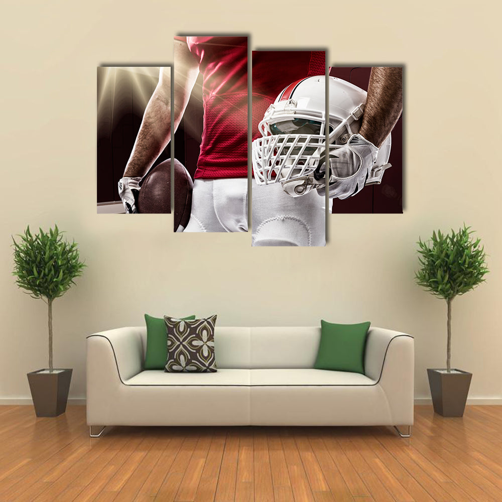 Football Player with a red uniform on a Locker room Multi panel canvas wall art